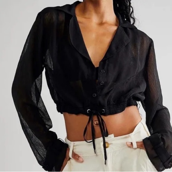 Free People Michelle Long Sleeve Sheer Black Top - Picture 1 of 9